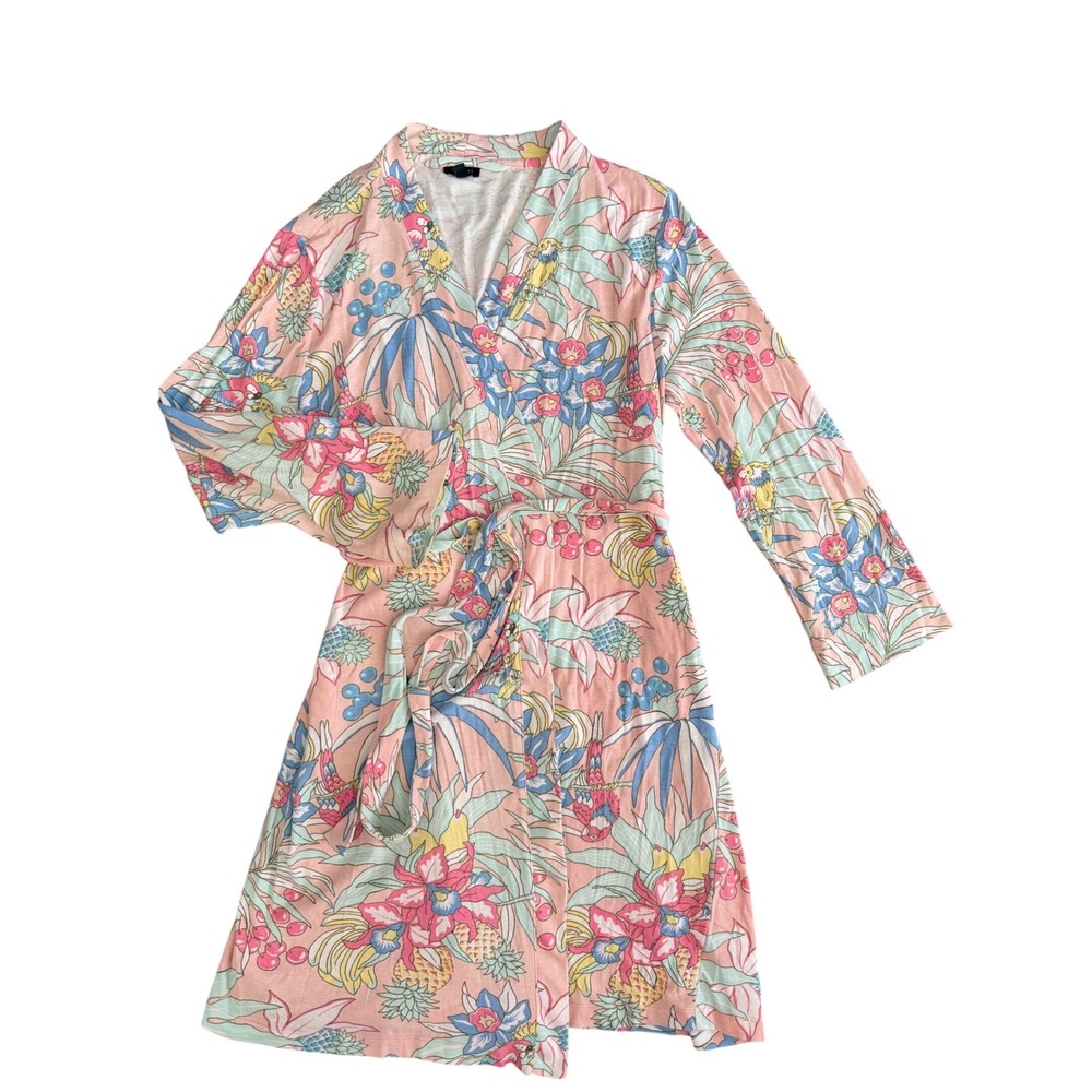 Talbots Robe Women M Pink Tropical Parrot Pineapple Floral Long Sleeve Wrap mini